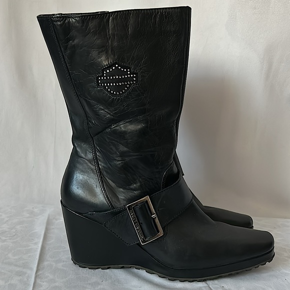Harley-Davidson Sexy Black Leather Wedge Heel Moto Boots Shoes **Size 8**🔥🔥 - Picture 5 of 10